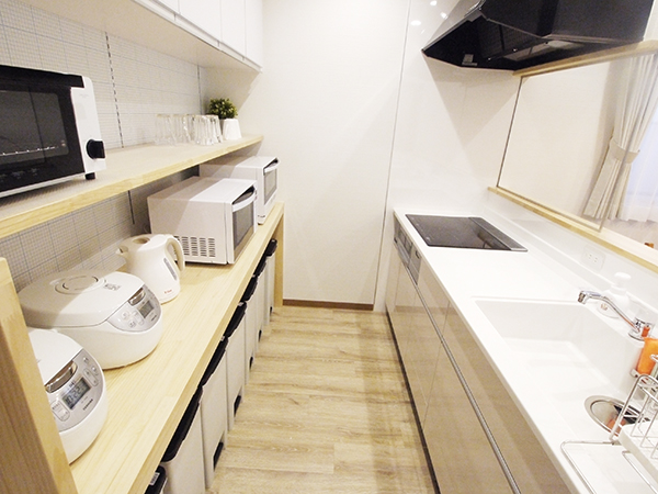 Kitchen facilities are laid out for ease of use